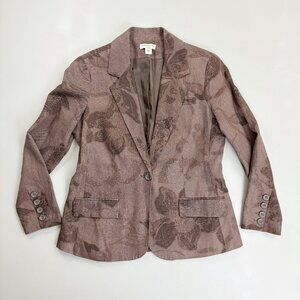 COLDWATER CREEK Floral Linen Blend Blazer Petite SZ 8 Artsy Understated Cocoa